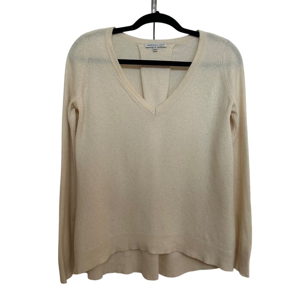 Rebecca Minkoff 100% Cashmere V-Neck Sweater Cream Off White Inverted Pleat Back